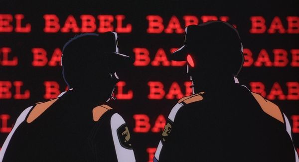 An image from the Patlabor anime, with two figures mostly in silhouette standing in front of black screen with large red text repeating the word BABEL.