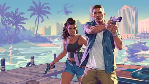 Jason and Lucia pose with guns at a Vice City pier in a promotional piece of artwork for Grand Theft Auto 6