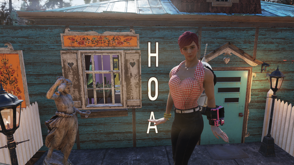 A screenshot from Fallout 76, showing a woman in a pink top and tight jeans, posing in front of a blue suburban house with big HOA letters next to the charming windows.
