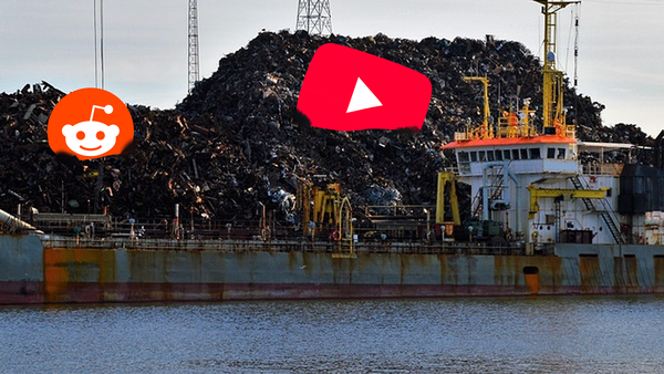 A garbage scow loaded with trash. The YouTube and Reddit logos are nestled into the pile of garbage, referencing the flood of AI content.