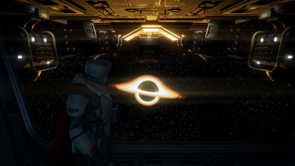 The black hole where Penta used to be, rimmed with a bright orange flare. A player is observing the phenomenon from aboard their Super Destroyer spaceship.