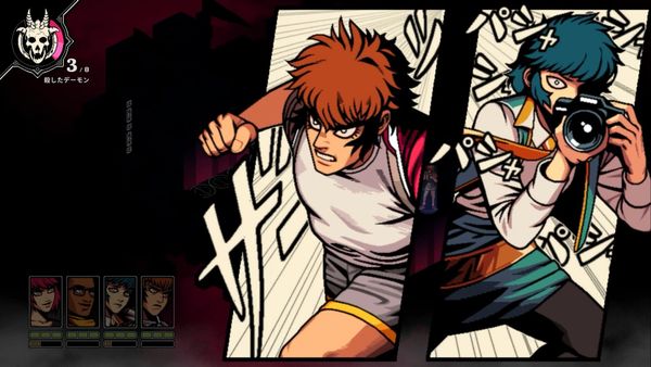 Dustin and Namako, two party members in Demonschool, team up in combat, showing two stylized panels of them on the screen. Dustin is charging forward while Namako takes the perfect shot.