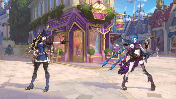 Jinx and Caitlyn stand off against one another in the Piltover stage of the fighting game 2XKO