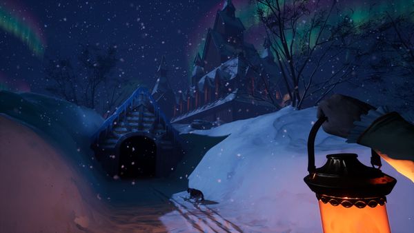 The protagonist of The Killing Stone approaches a snowed-in manor in the Arctic Circle, holding a lantern that casts a warm light.