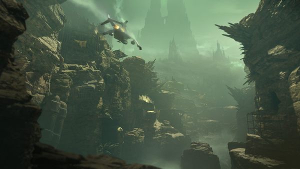 A Valkyrie airship flies through rocky and craggy scenery outside the Hive City of Tertium in a screenshot from the Darktide update Beyond the Hive