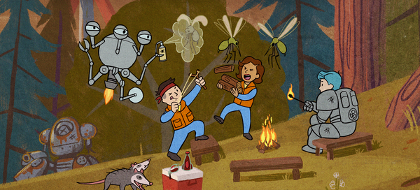 Key art for the Backwoods update for Fallout 76, showing Vault Dwellers around a camp fire, dealing with mosquitos, possums, and roasting marshmellows.