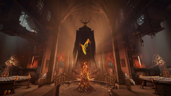 The Hidden King, one of the Patrons in the multiplayer Deadlock. He is a dark figure with branches for a throne and eerie orange arms who gives off a warm light.