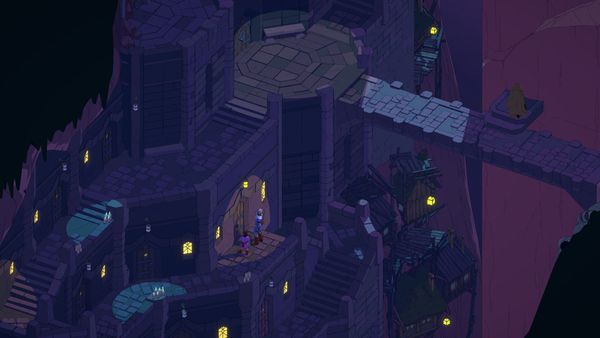 A cleric explores a city at night, cloaked in darkness except for the lit windows of residents, in a screenshot from Esoteric Ebb