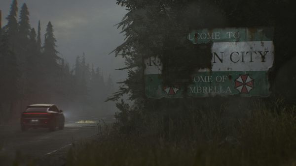 A screenshot from Resident Evil Requiem, showing a car driving into the ruins of Raccoon City.