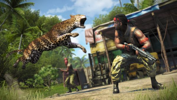 An enemy soldier in Far Cry 3 with a shotgun and baggy pants turns to see that he's being viciously attacked by a leopard.
