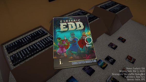 A player examines their copy of Esoteric Ebb in the demo for BOXROOM, a game about organizing your Steam library.