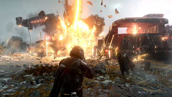 A Helldiver fights against the Automaton menace, using an Orbital Laser to explode incoming forces from the faction's reinforcement dropships.