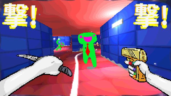 A screenshot of Tamashika, showing the protagonist gun down a green bad guy with a big smile and no arms with a golden pistol.