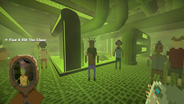 A player in It Has My Face checks their reflection in the mirror before preparing to find and kill their clone.