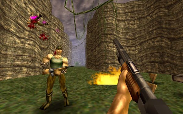 A screenshot from the first Turok game, with low resolution graphics and the protagonist toting a shotgun.