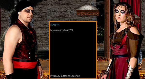 The protagonist of Obey the Insect God meets a woman. A text box is open that reads "My name is Mariya."