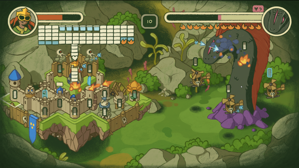 A screenshot from Castle Away, showing a castle in conflict with a big snake-like beast.