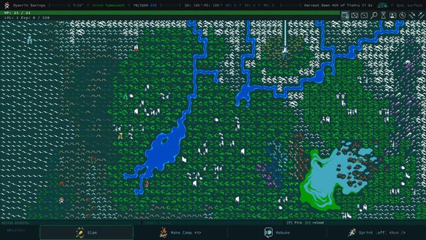 A world map of Caves of Qud, showing a vast region of swamps, rivers, settlements, canyons, and mountains.