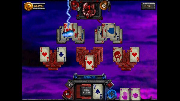 A screenshot of Forbidden Solitaire, showing the player engaged in a battle against a scary skeleton using Solitaire gameplay.
