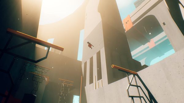 P, a young woman in an orange jumpsuit with cyan hair, launches herself between two narrow, tube-like platforms in a screenshot from Motorslice