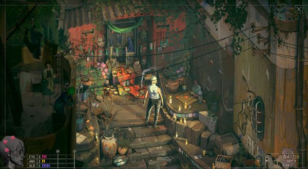 Cascade, a middle aged blonde woman, examines a small shrine full of tribulations to the dead in the coastal city-state of Portofiro.