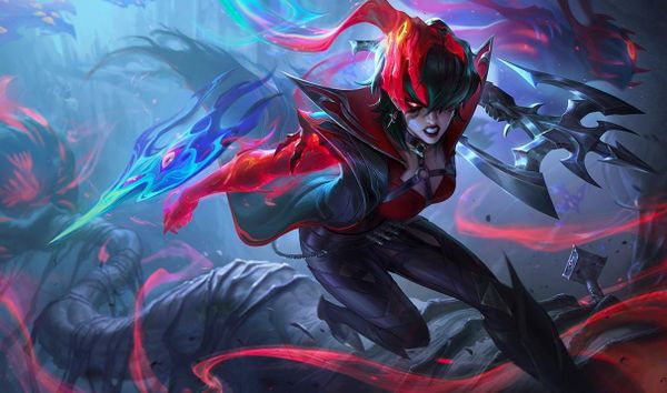 Splash art for Demoncursed Vayne, which shows a young woman with a crossbow being posessed by a demon, who grips her head with a malevolent red hand of evil energy.
