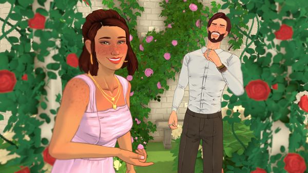 Two Parafolks stand in a rose garden, laughing, and having a wonderful time. One is a young woman in pink and gold accessories and the other man is bearded and wearing a white button up sh