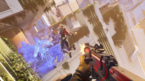 A screenshot from Empulse showing the player shooting at someone in front of them who is hanging off a grappling hook