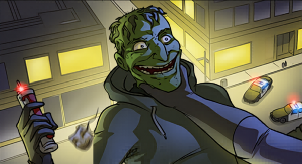 The Troll, a supervillain with a bulbous green face, holds an explosives detonator while being restrained on a rooftop. His mask, the Guy Fawkes-inspired Anonymous-esque disguise, is flutter