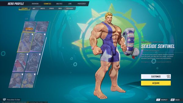 Captain America's Seaside Sentinel skin, which shows the very muscular man in a blue and white onesie swimsuit with a deep V showing off his abs