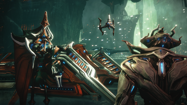 A screenshot from Warframe's upcoming Tau expansion. A pair of bio-mechanical characters meet, with a massive sci-fi city in the distance.