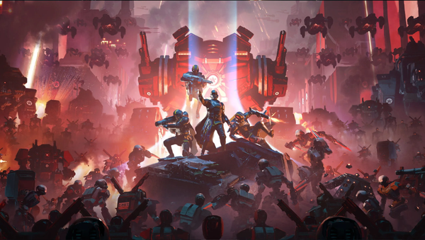 Key art for the Machinery of Oppression update in Helldivers 2, depicting four Helldivers invading the Automaton planet of Cyberstan, while surrounded by dropships, Hulks, and a Vox Machina.