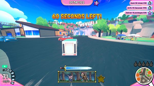 A truck drives through colorful, cartoony city streets. On the bottom half of the screen, a pixelated warrior fights her way through a big skeleton.