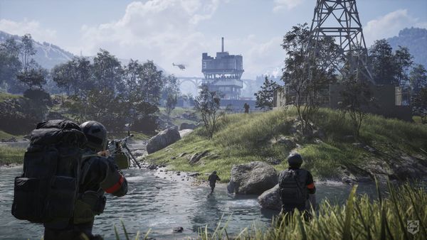 A screenshot showing numerous soldiers moving towards a large tower in the distance