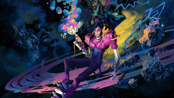 Dalia, the protagonist of Ambrosia Sky, is a woman wearing a futuristic space suit with heavy shoulders. She is holding a spray gun from which colorful bubbles pour forth. 