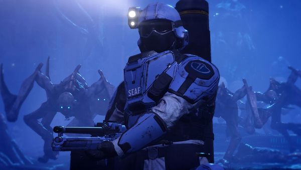 A SEAF trooper aims his machine gun, unaware that a pack of Wretches -- hunched aliens with long, bladed limbs -- lurk behind him.