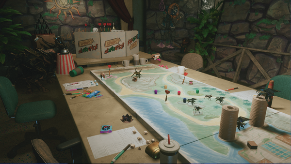 A screenshot from Warframe, showing a Fables & Frontiers game set up for multiple players across a long table, with a DM section, figurines on a map, character sheets, and snacks.