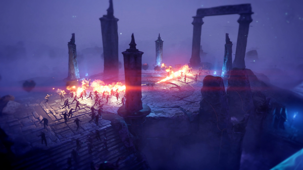 Helldivers make a stand on the void planet of Seasse, using flamethrowers against hordes of mindless Illuminate zombies in the midst of ancient ruins.