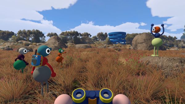 A group of five players explore the scenery of Big Walk, carrying tools like a walky-talky and a pair of binoculars.