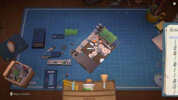 A player works on a motherboard and variety of small electronic parts in ReStory: Chill Electronics Repair