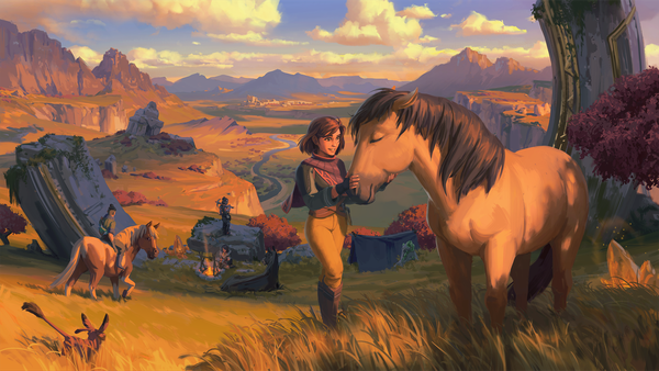 Key art for the Royal Highlands zone in Palia, showing humans stroking the muzzle of a horse before setting out on an adventure