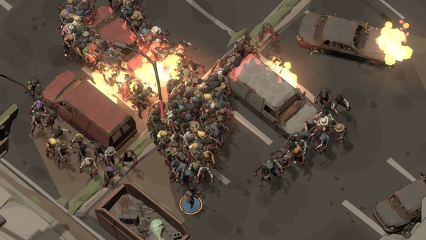 A swarm of zombies flood through a parking lot towards a player, moving around flaming car wrecks, in a screenshot from Respect the Horde