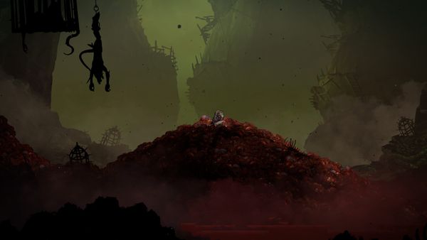 The main character of Deathmaster, a rat-man known as a Skaven, crouches on a pile of fresh corpses.