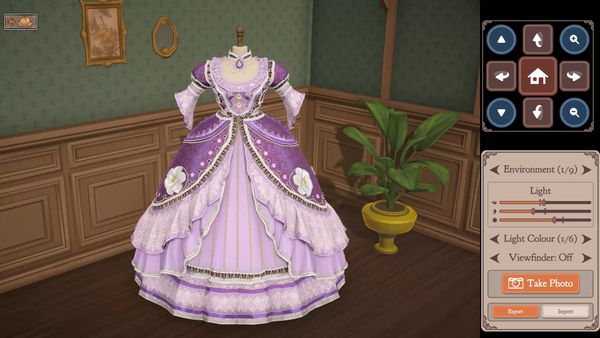 A gorgeous dress in shades of purple, with heavy lace trim and a jeweled collar, on a mannequin in a screenshot from Dressmaker.