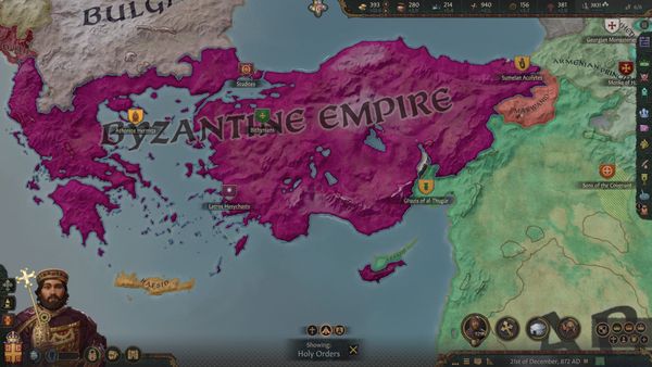 A player in Crusader Kings 3 looks at the Byzantine Empire on their in-game map, looking at Holy Orders in effect across the world.