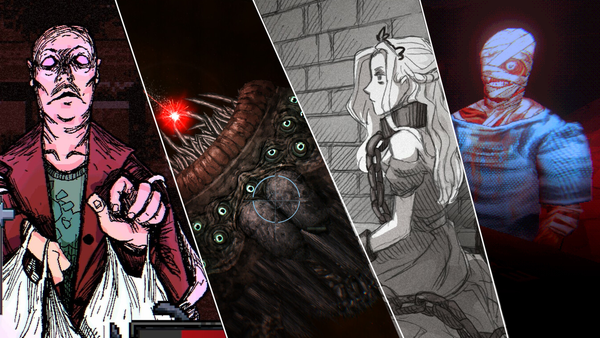 A banner imge with screenshots from Welcome to Elderfield, Barotrauma, Slay the Princess, and Mouthwashing
