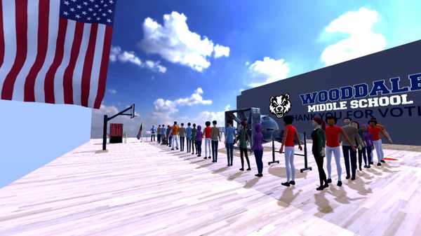 A bunch of low-poly models line up to vote in Wooddale Middle School's gym, except the walls are invisible and the sky is showing through, in a screenshot from The Onion's Voter Simulator 3D