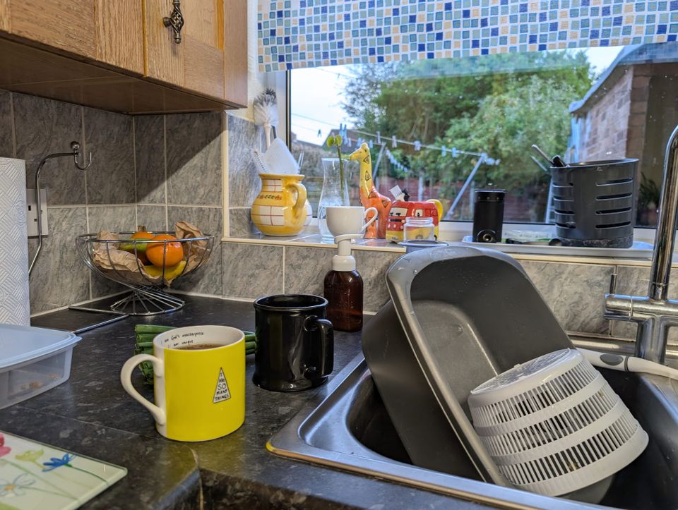 Two cups by the kitchen sink, with the garden and outhouse seen through the window.