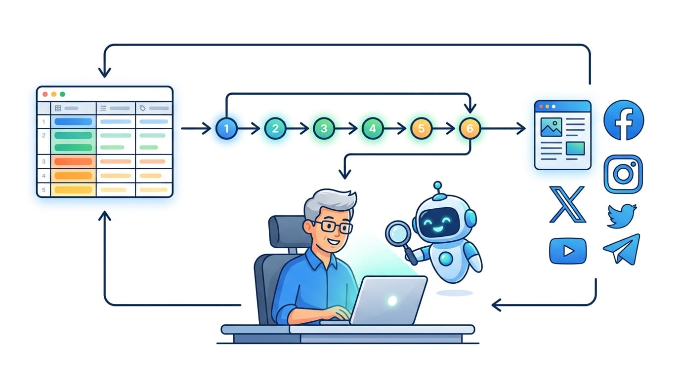 Sơ đồ hệ thống content tự động: Notion → Pipeline → AI Agent → Ghost → Social