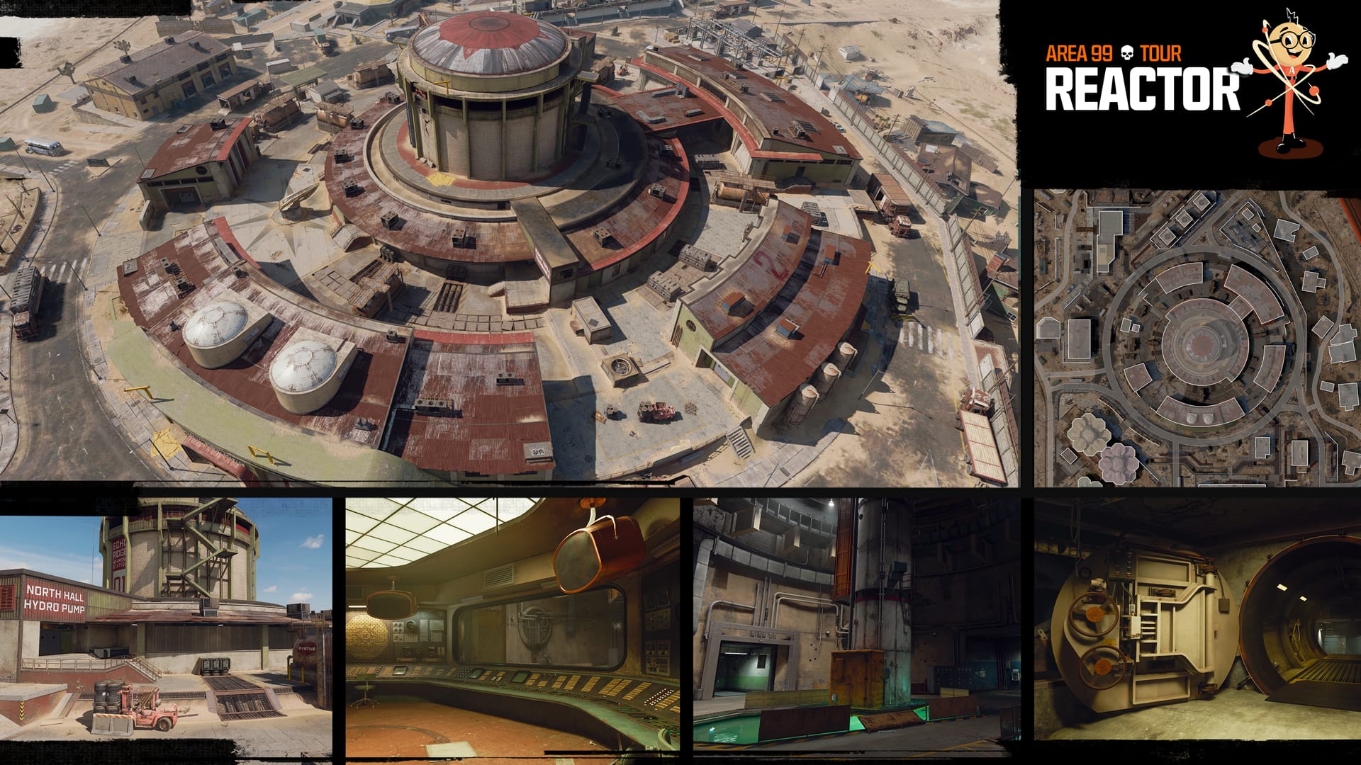 Warzone Resurgence&nbsp;Map Area 99, in-game renders top-down, birds-eye, corridor